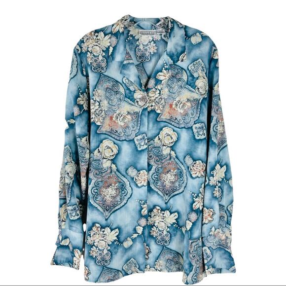Vintage blue cream brown floral rose button front boho 80s 90s shirt top large - Picture 1 of 9